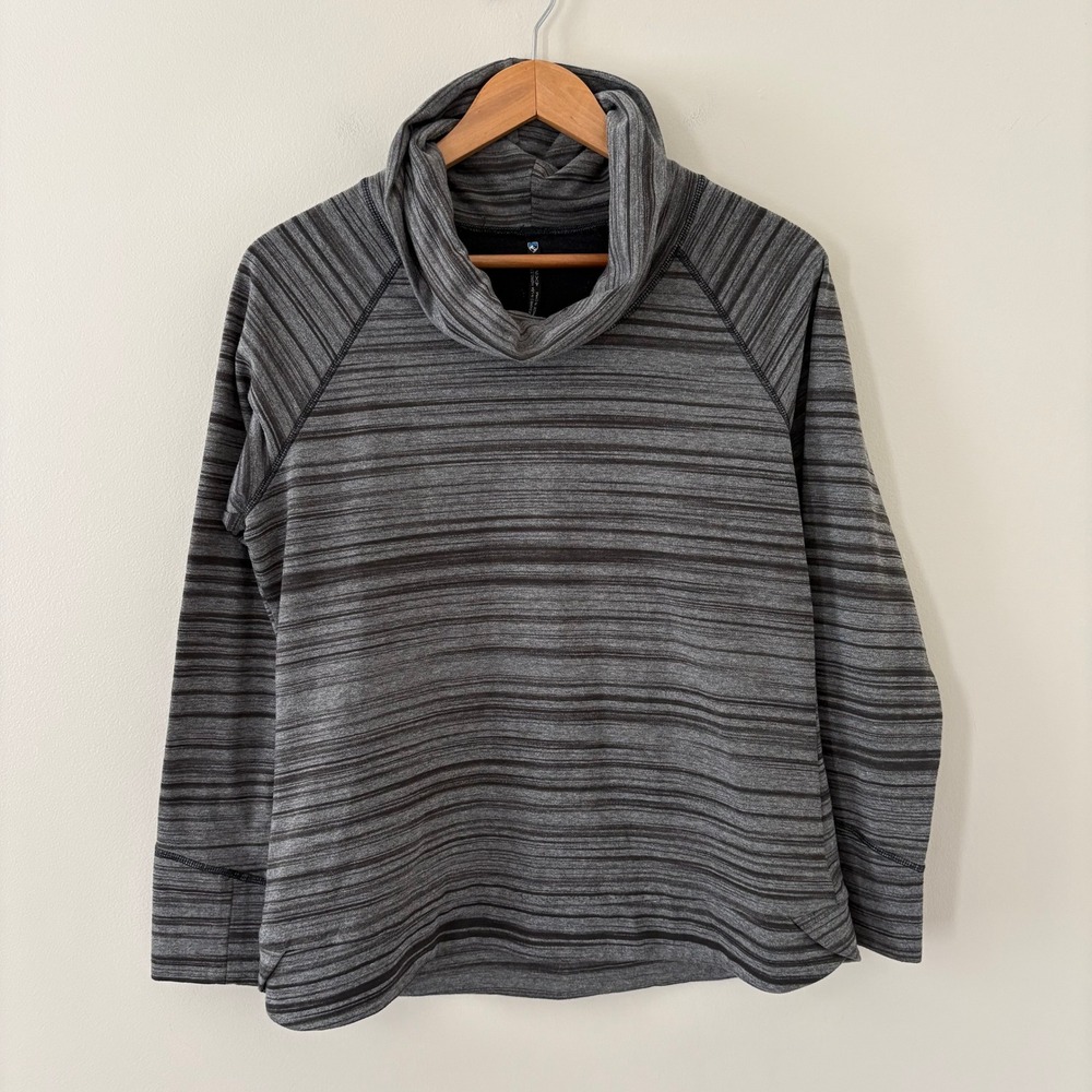 KUHL Pullover Piper Cowl Neck Size L Gray Striped Long Sleeve Thumbholes Active